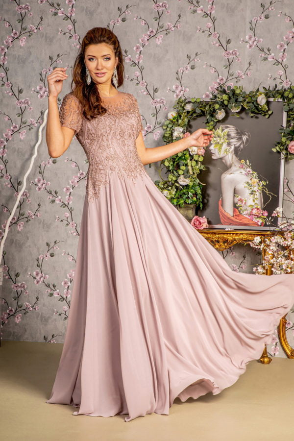 GLS GL3492 Boat Neck Short Sleeves Sheer Mother of the Bride Dress Mauve / 2XL