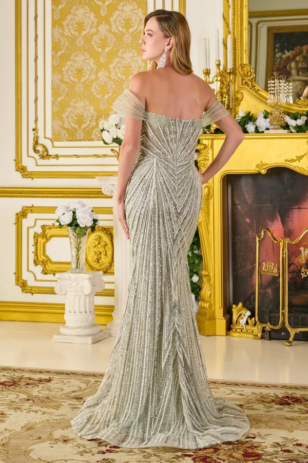 gold sequin mother of the bride dress Sparkly Sequins Sheath Mother Of Bride Dress with Slit line silhouette GLS Collective GL3837 Beaded Off-Shoulder