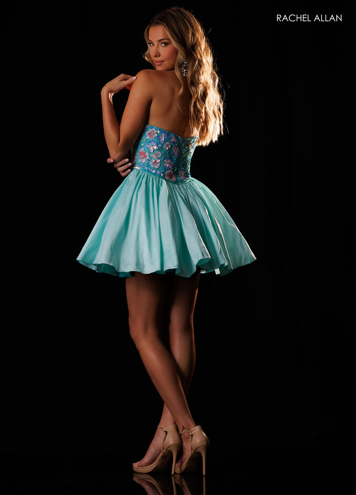 Rachel Allan 40796 Plunging Sweetheart Neckline Strapless Floral Appliqué Corset Fit-and-Flare Mini Dress