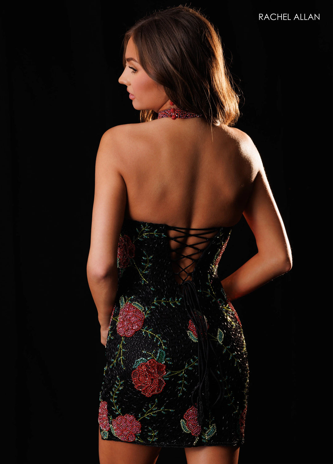 floral beaded hoco dress Rachel Allan 40662 Beaded Floral Homecoming Dress Black RED / 10