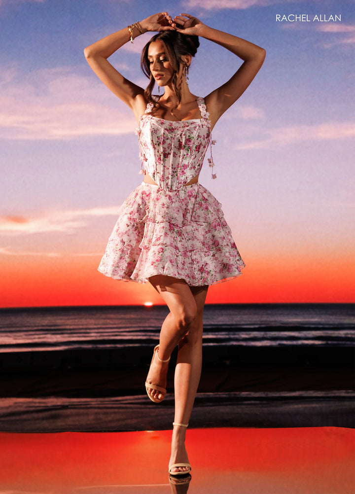 Rachel Allan 40674 Square Neck Sleeveless Floral Print Corset Cutout Tiered Ruffle Mini Dress