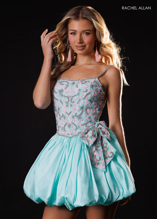 Rachel Allan 40748 Square Neck Spaghetti Strap Bubble A-Line Mini Dress