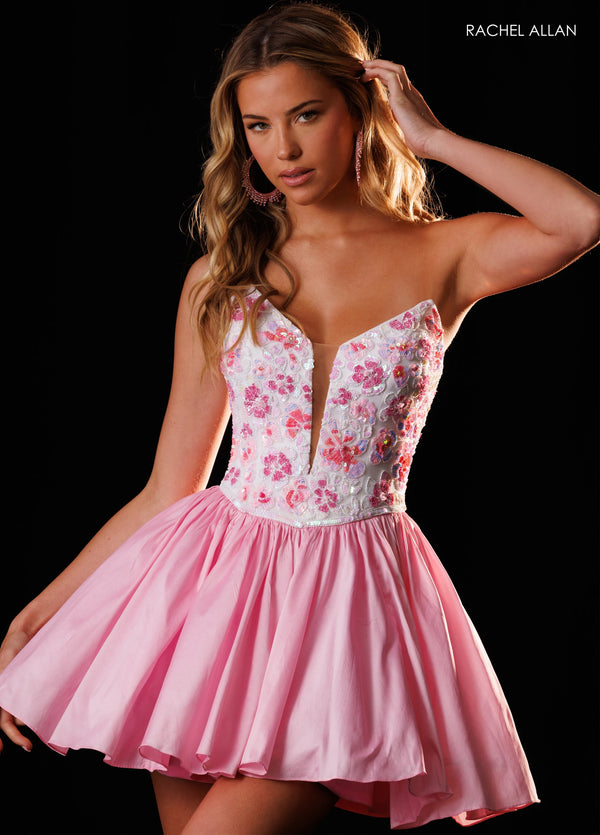 Rachel Allan 40796 Plunging Sweetheart Neckline Strapless Floral Appliqué Corset Fit-and-Flare Mini Dress