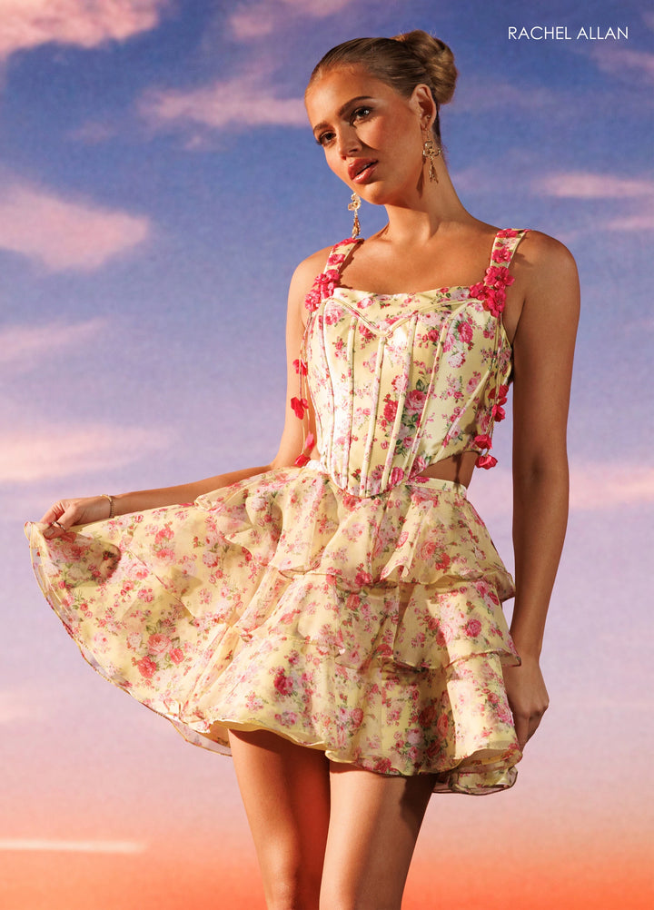 Rachel Allan 40674 Square Neck Sleeveless Floral Print Corset Cutout Tiered Ruffle Mini Dress