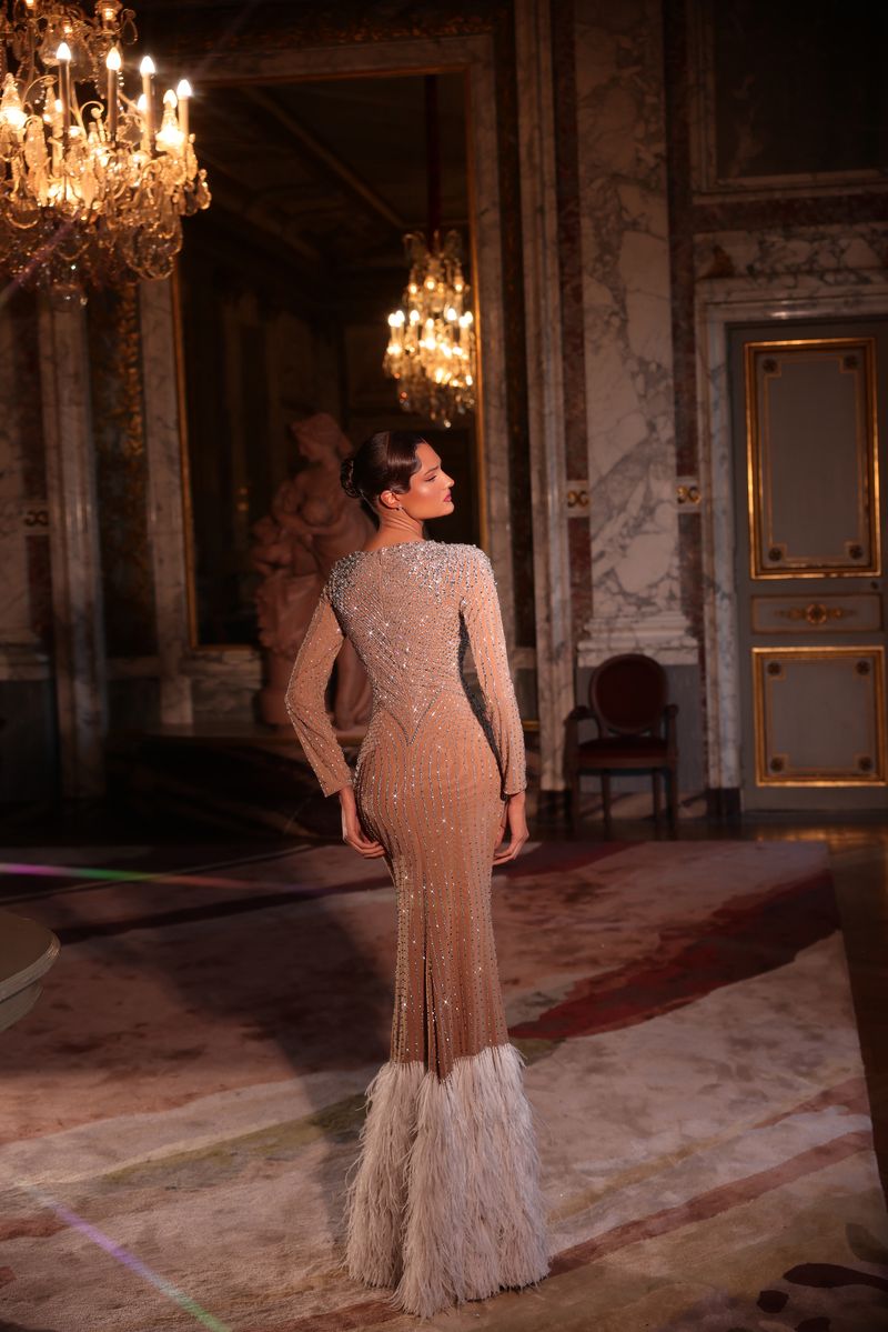 Chic & Holland PH120131 Long Sleeve Feather Couture Dress NUDE / 12