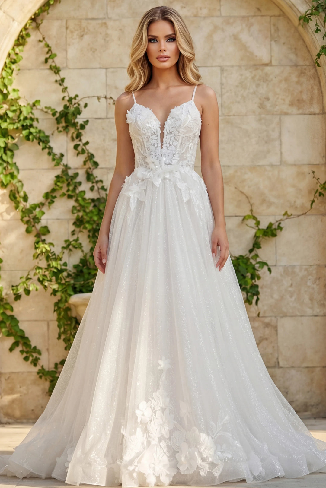 Jovani JB43315 Plunging V-Neck Spaghetti Strap Corset Bridal Dress IVORY/SAND / 10
