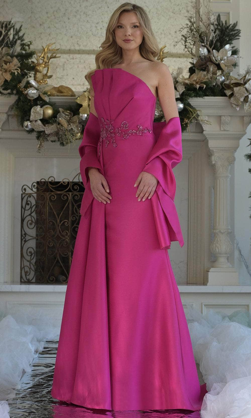 Pleated-Bodice Strapless Long Formal Dress with Drape Fuchsia / 16 Pleated-Bodice Strapless Long Formal Dress with Drape Fuchsia / 16