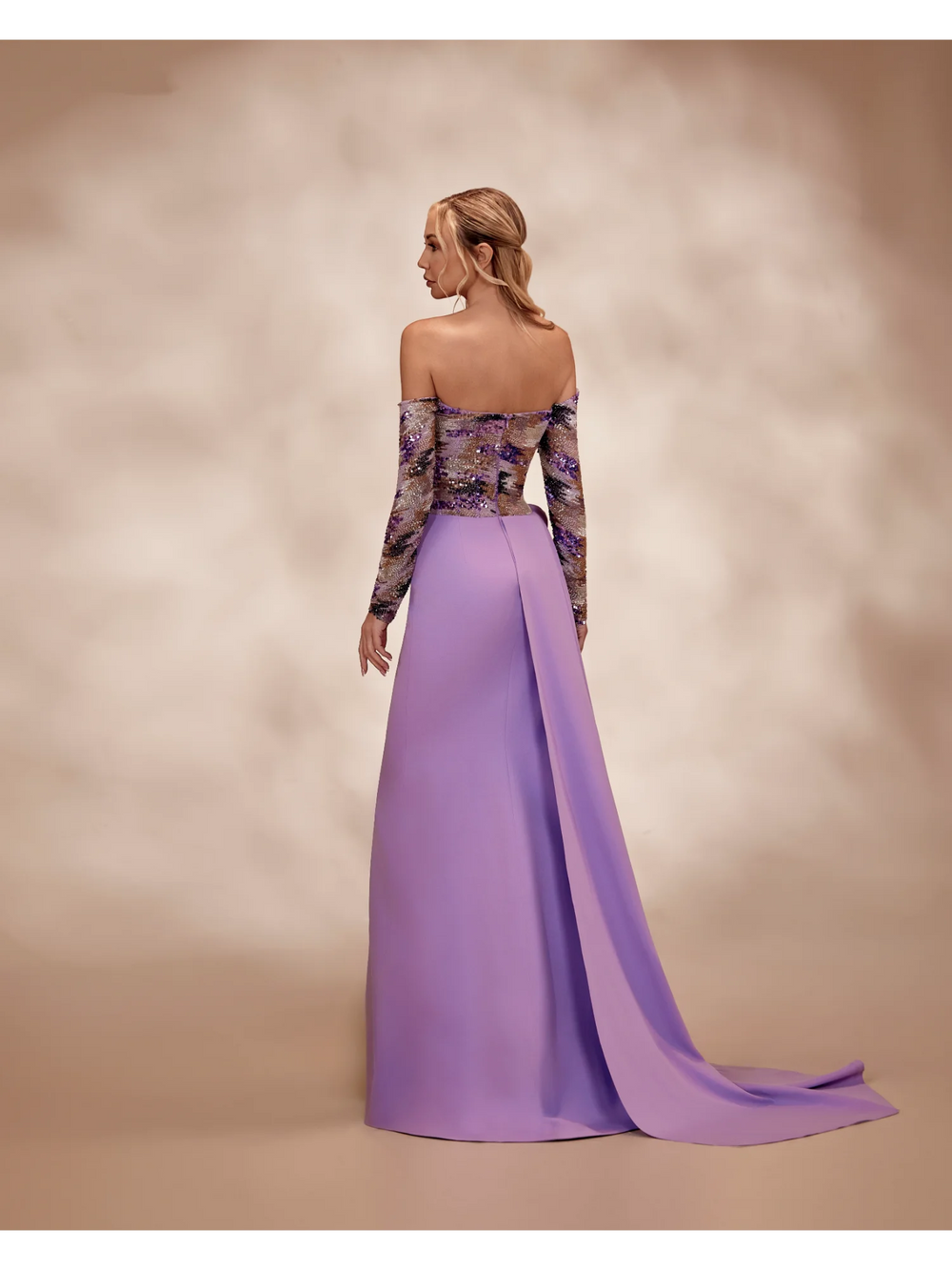 RTW24- Lavender dress with off-the-shoulder long-sleeve bodice adorned - FOSTANI.com