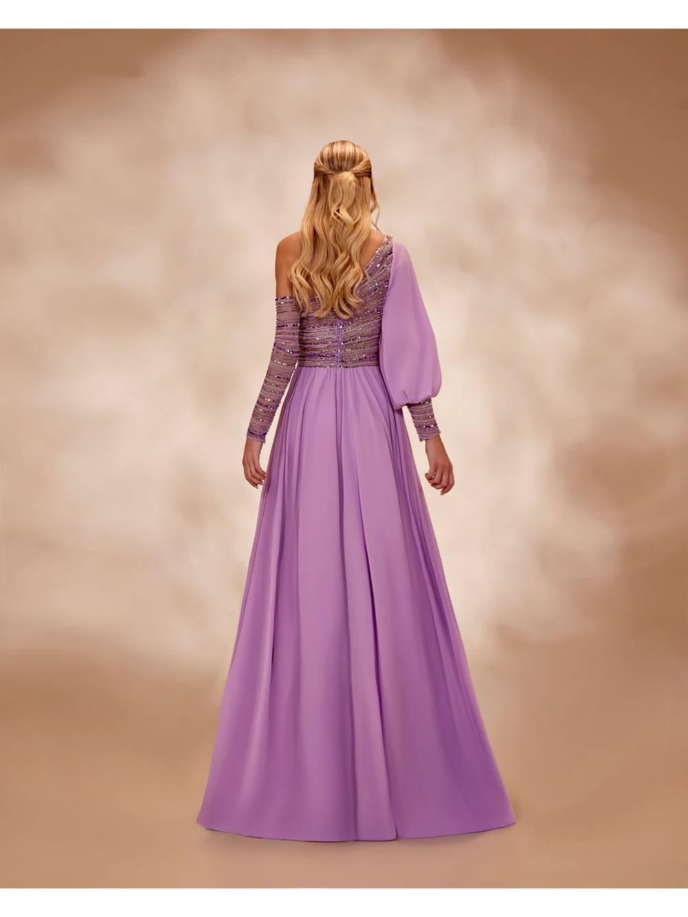 RTW23- One-shoulder lavender dress with a beaded bodice - FOSTANI.com