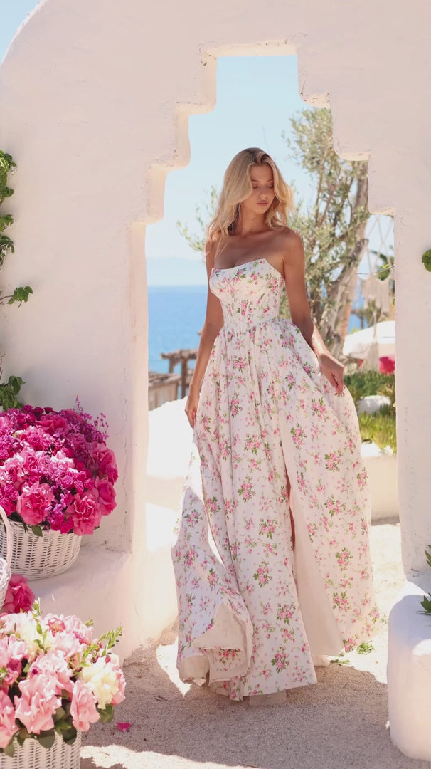 Amarra 89785 Floral Print Strapless Corset A-Line Gown with High Slit