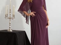 Ladivine CR884 Scoop Neckline Cape Sleeve Wrap-Style Bodice Mother of the Bride Dress