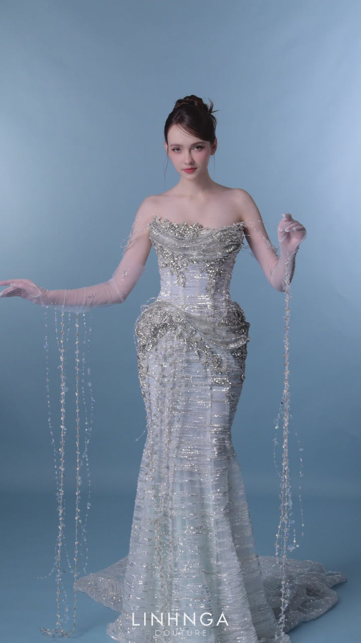 Linh Nga LXBCT192 Beaded Fringe Couture Dress