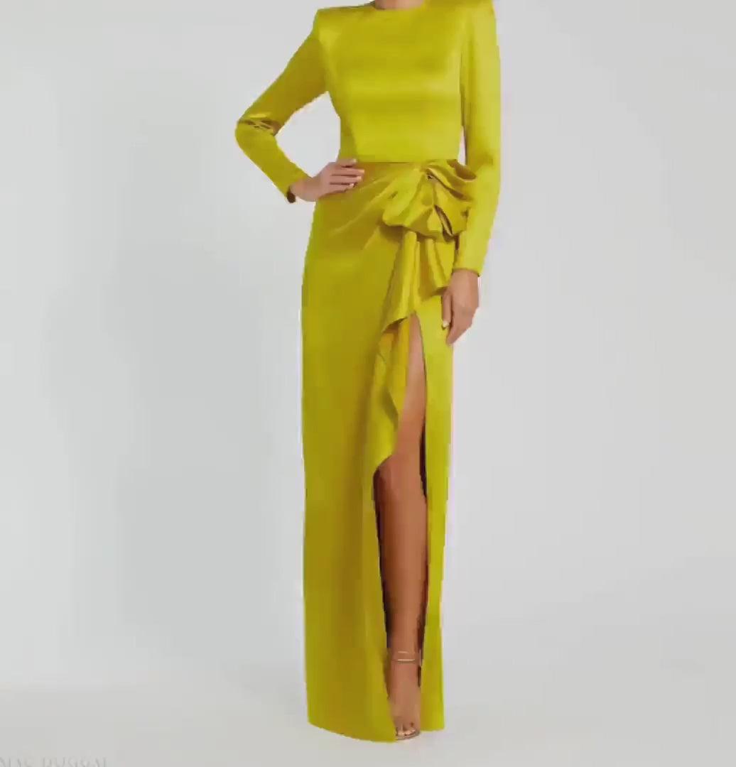 Mac Duggal 26676 Long Sleeve Satin Structured Bow Draped Column Dress video