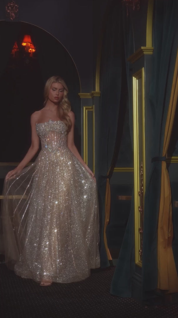 Ladivine CD724 Strapless Beaded Sheer Bodice A-Line Prom Dress