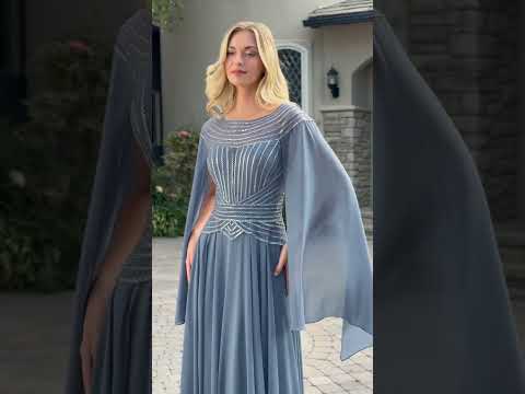GLS by Gloria GL3736 Boat Neckline Cape Sleeve A-Line Skirt Mother of the Bride Dress
