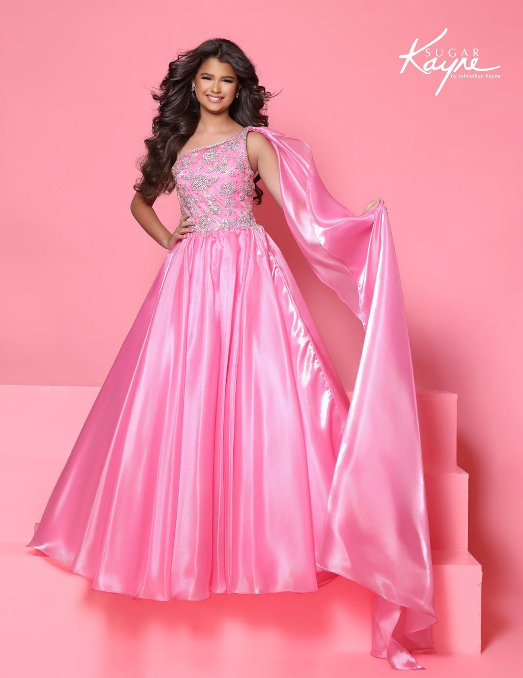 Sugar Kayne C417 one-shoulder cape girls ball gown alternate color front view 2