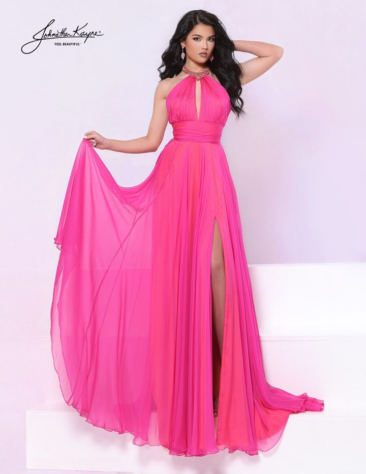 Johnathan Kayne 3329 beaded halter A-line evening gown front view