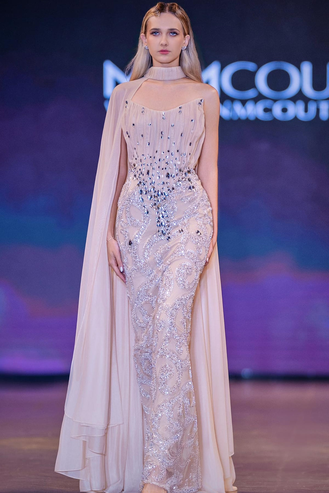 MNM Couture J03590 Embellished Chiffon Cape Dress Gold / 24