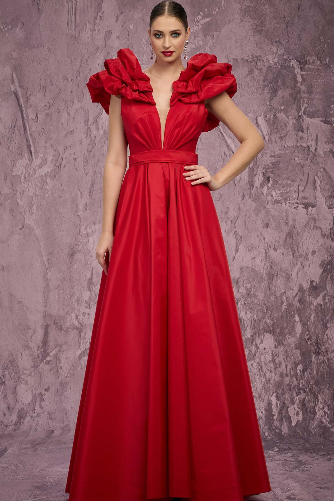 mnm couture red dress MNM Couture N0702 Elegant Couture Evening Gown with Sweetheart Neckline and Bow Back Red / 10