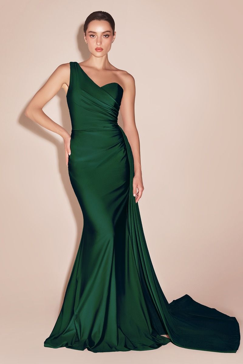 Arlene One-Shoulder Satin Sash Fitted Gown