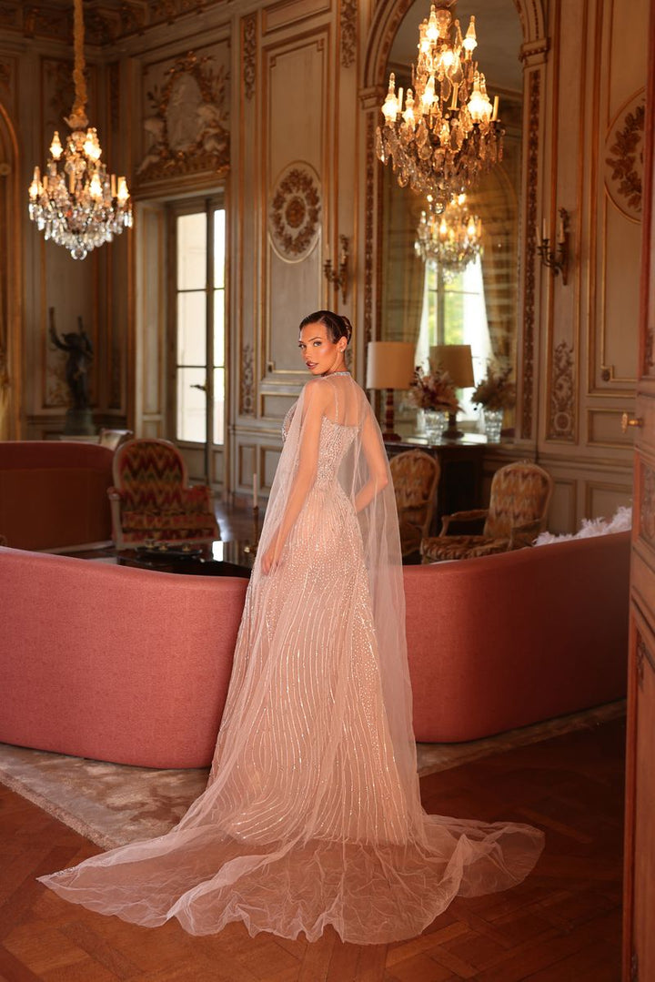 Chic & Holland HF110610 Sweetheart Keyhole Illusion Neckline Linear Beaded Matching Cape Couture Dress