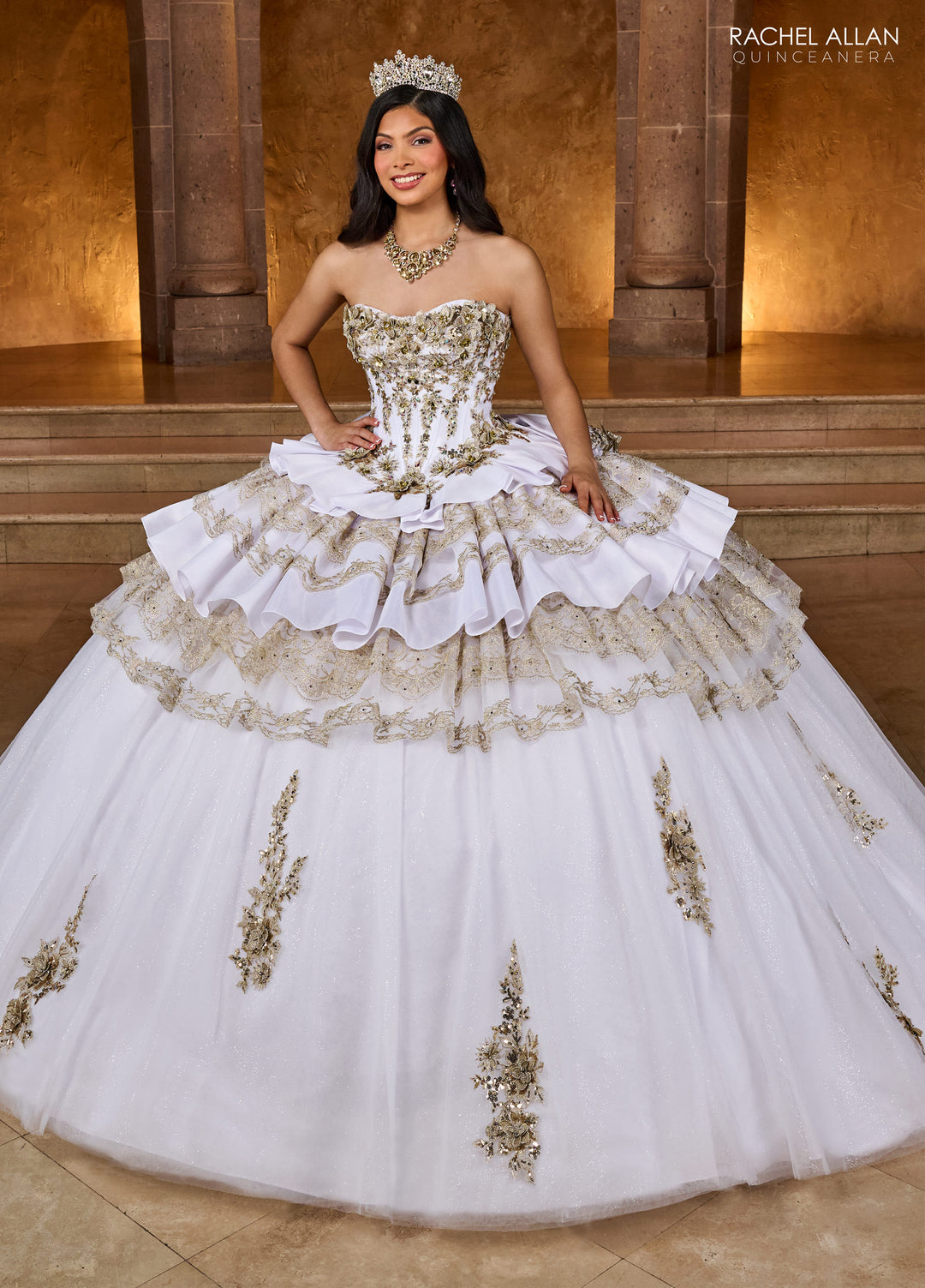 Gold All White Quinceanera Dresses Premium White Sweetheart Ball Gown Prom Dresses: Beaded Crystals, Tiered Ruffles Gold All White Quinceanera Dresses Premium White Sweetheart Ball Gown Prom Dresses: Beaded Crystals, Tiered Ruffles