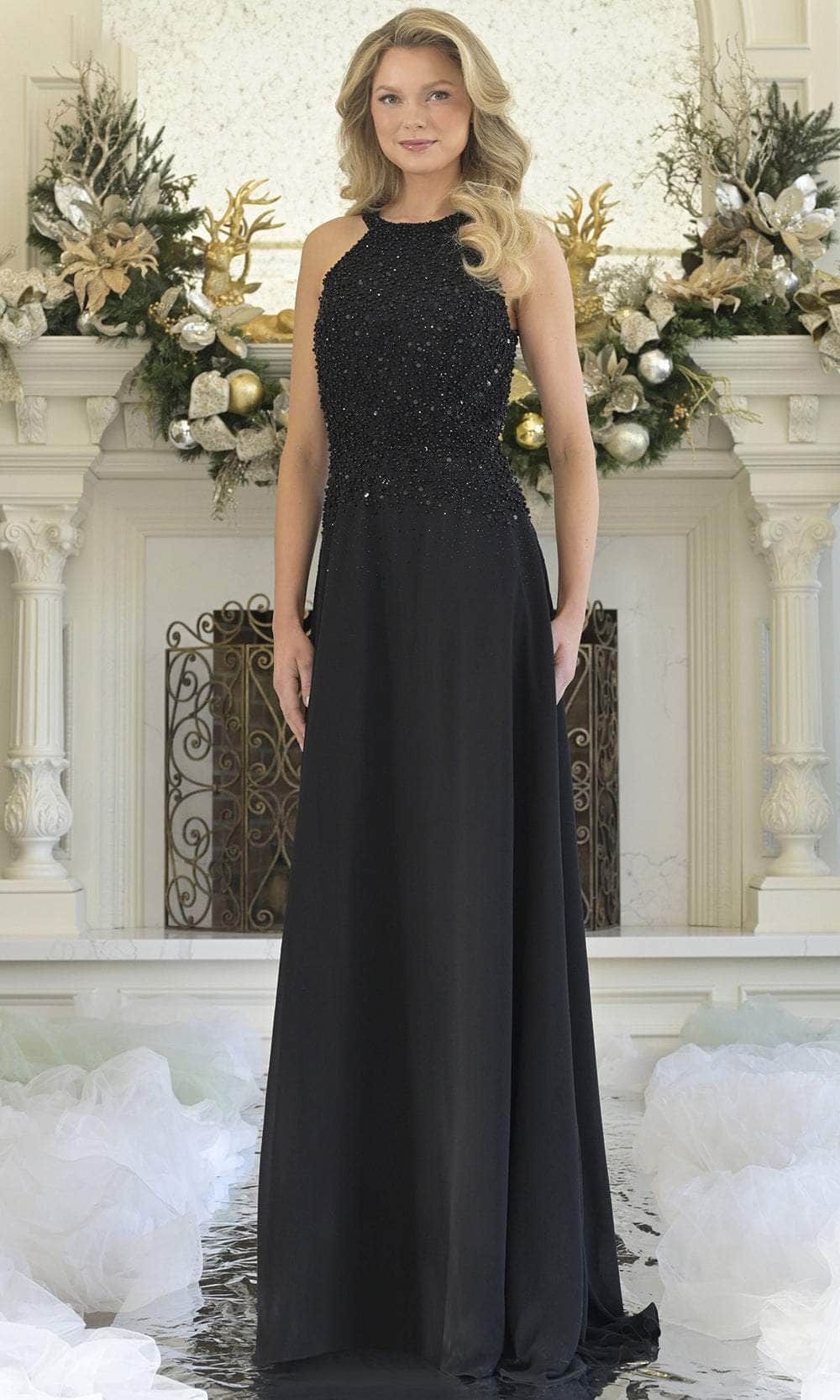 Rina Di Montella RD3304 Beaded Halter Sleeveless Embroidered Bodice Mother of the Bride Dress Black / 12 Rina Di Montella RD3304 Beaded Halter Sleeveless Embroidered Bodice Mother of the Bride Dress Black / 12