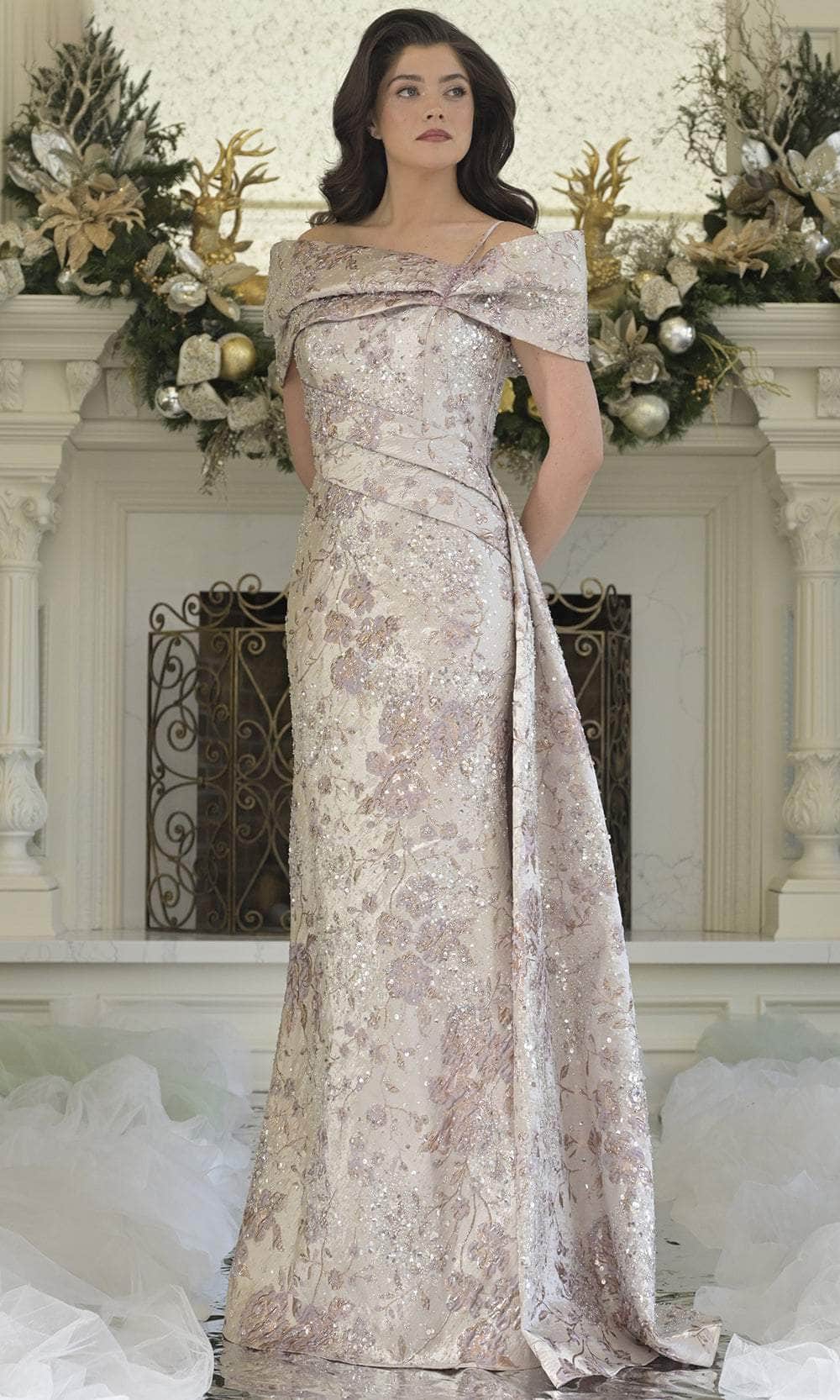 Rina Di Montella RD3306 Off-the-Shoulder Cap Sleeves Sheath Mother of the Bride Dress Rose Multi / 12
