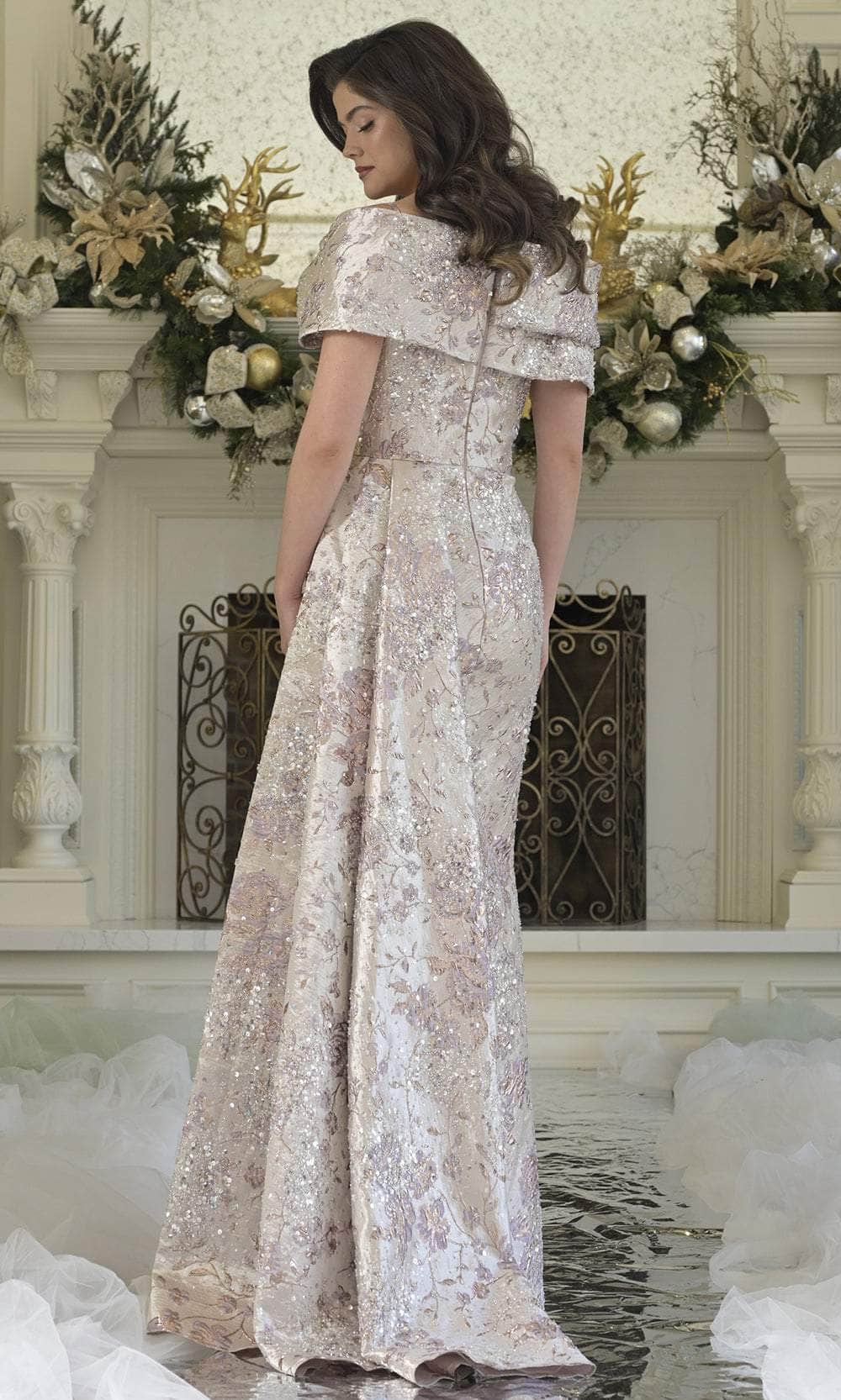 Rina Di Montella RD3306 Off-the-Shoulder Cap Sleeves Sheath Mother of the Bride Dress Rose Multi / 16 Rina Di Montella RD3306 Off-the-Shoulder Cap Sleeves Sheath Mother of the Bride Dress Rose Multi / 16