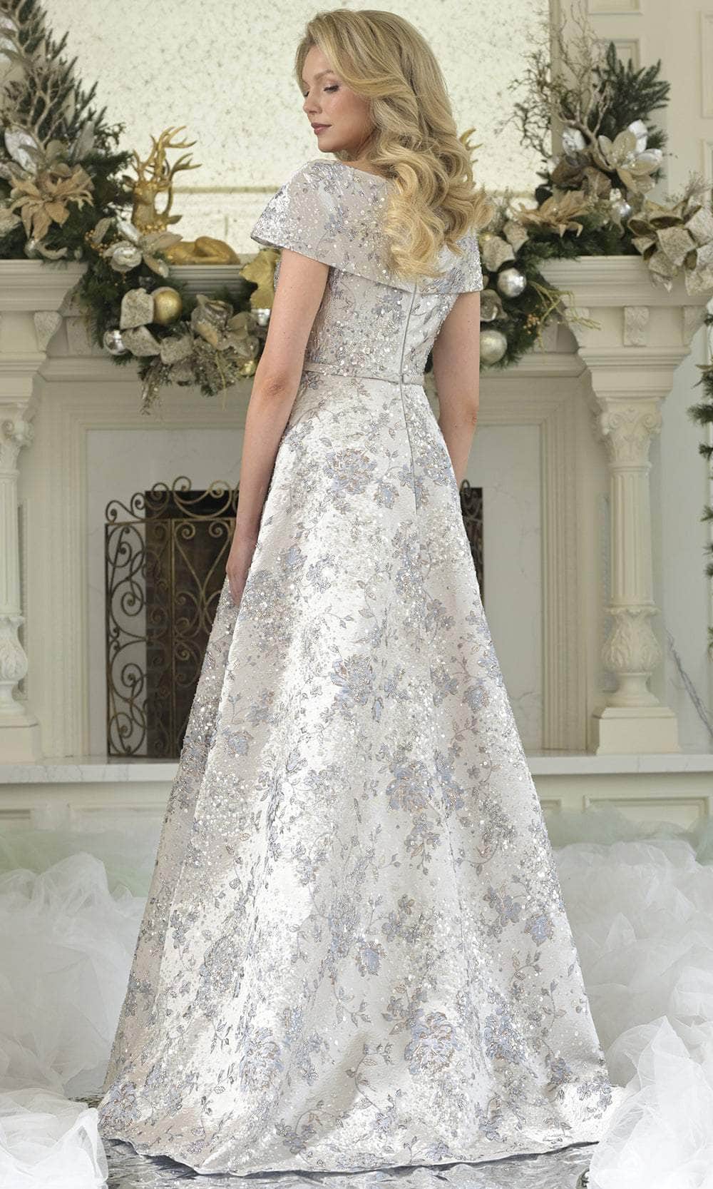 Rina Di Montella RD3312 V-Neckline Off-the-Shoulder Cap Sleeves Jacquard Mother of the Bride Dress Blue Multi / 16 Rina Di Montella RD3312 V-Neckline Off-the-Shoulder Cap Sleeves Jacquard Mother of the Bride Dress Blue Multi / 16