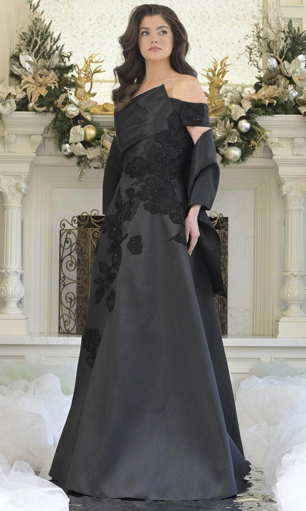 Rina Di Montella RD3344 Asymmetrical Off-The-Shoulder Draped Bodice Mother of the Bride Dress Black / 10 Rina Di Montella RD3344 Asymmetrical Off-The-Shoulder Draped Bodice Mother of the Bride Dress Black / 10