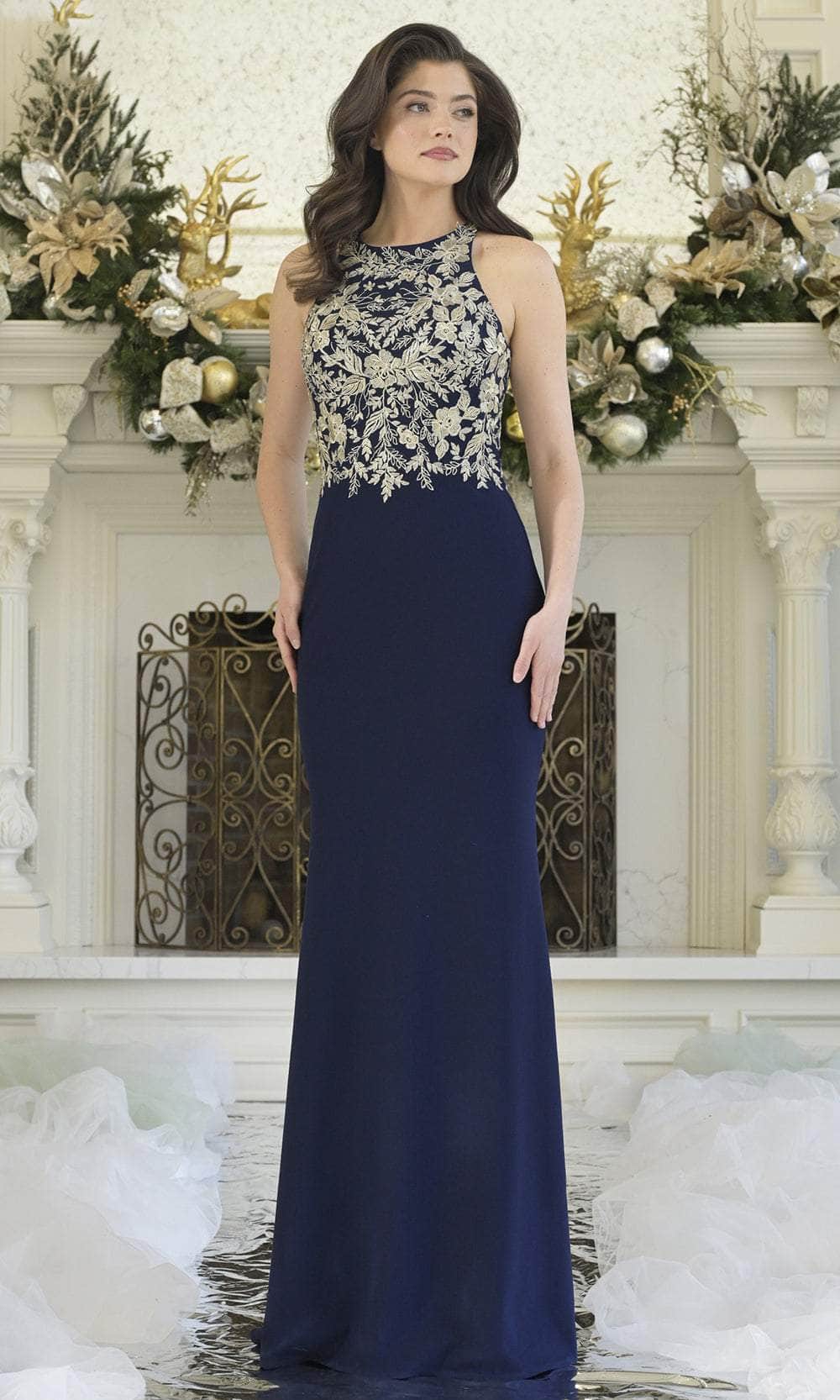 Rina Di Montella RD3345 Halter Sleeveless Sheath Mother of the Bride Dress Black Gold / 8