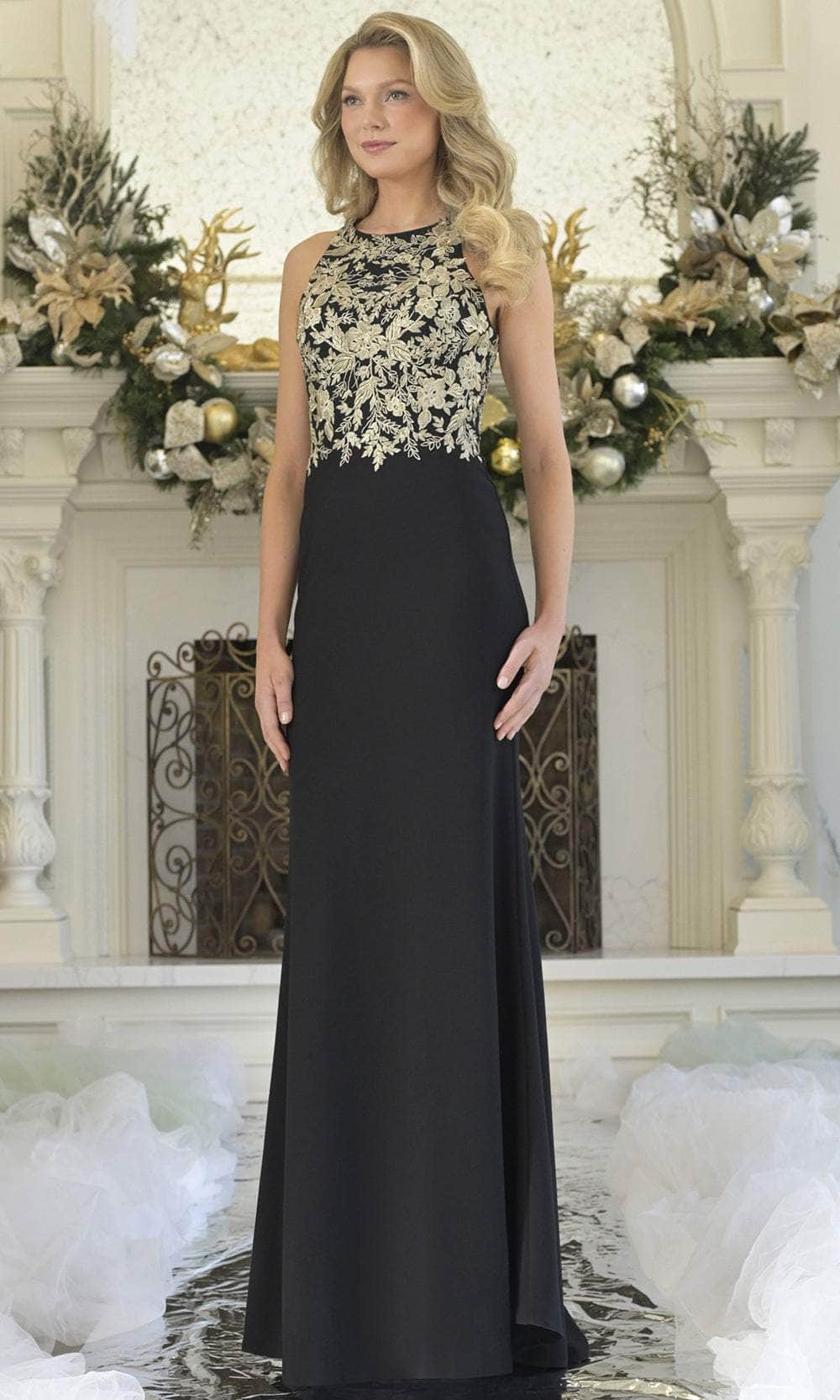 halter dresses for mother of the bride Rina Di Montella RD3345 Halter Sleeveless Sheath Mother of the Bride Dress Black Gold / 8