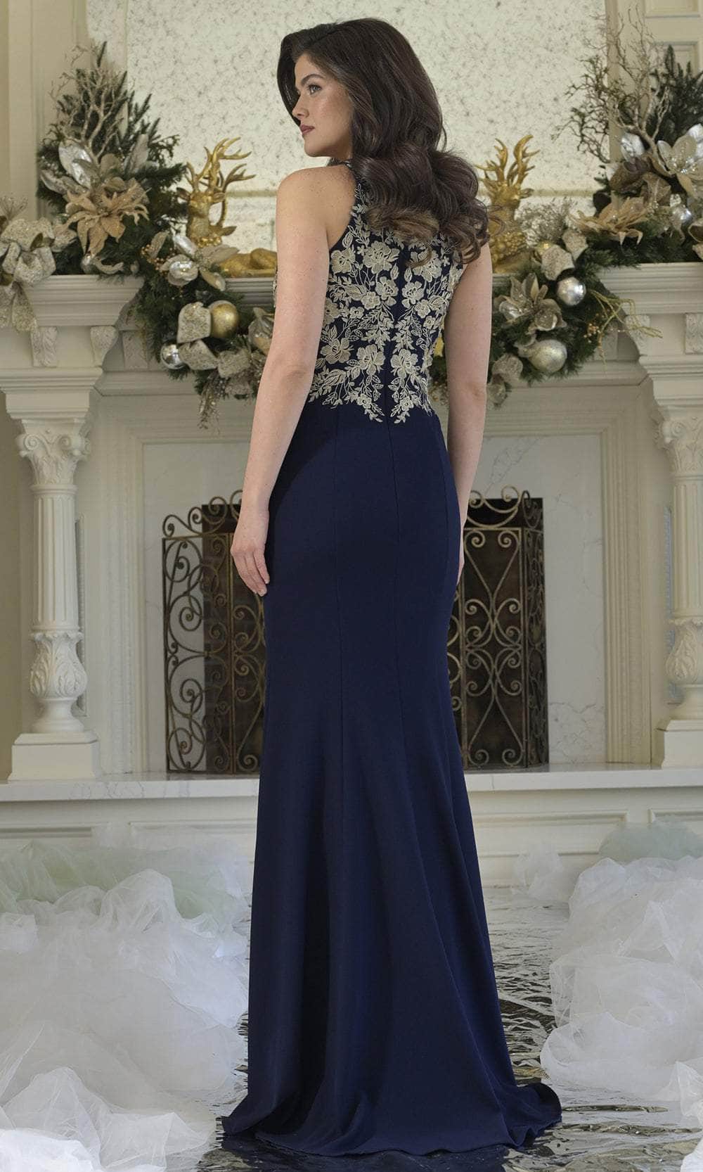 Rina Di Montella RD3345 Halter Sleeveless Sheath Mother of the Bride Dress Navy Gold / 16