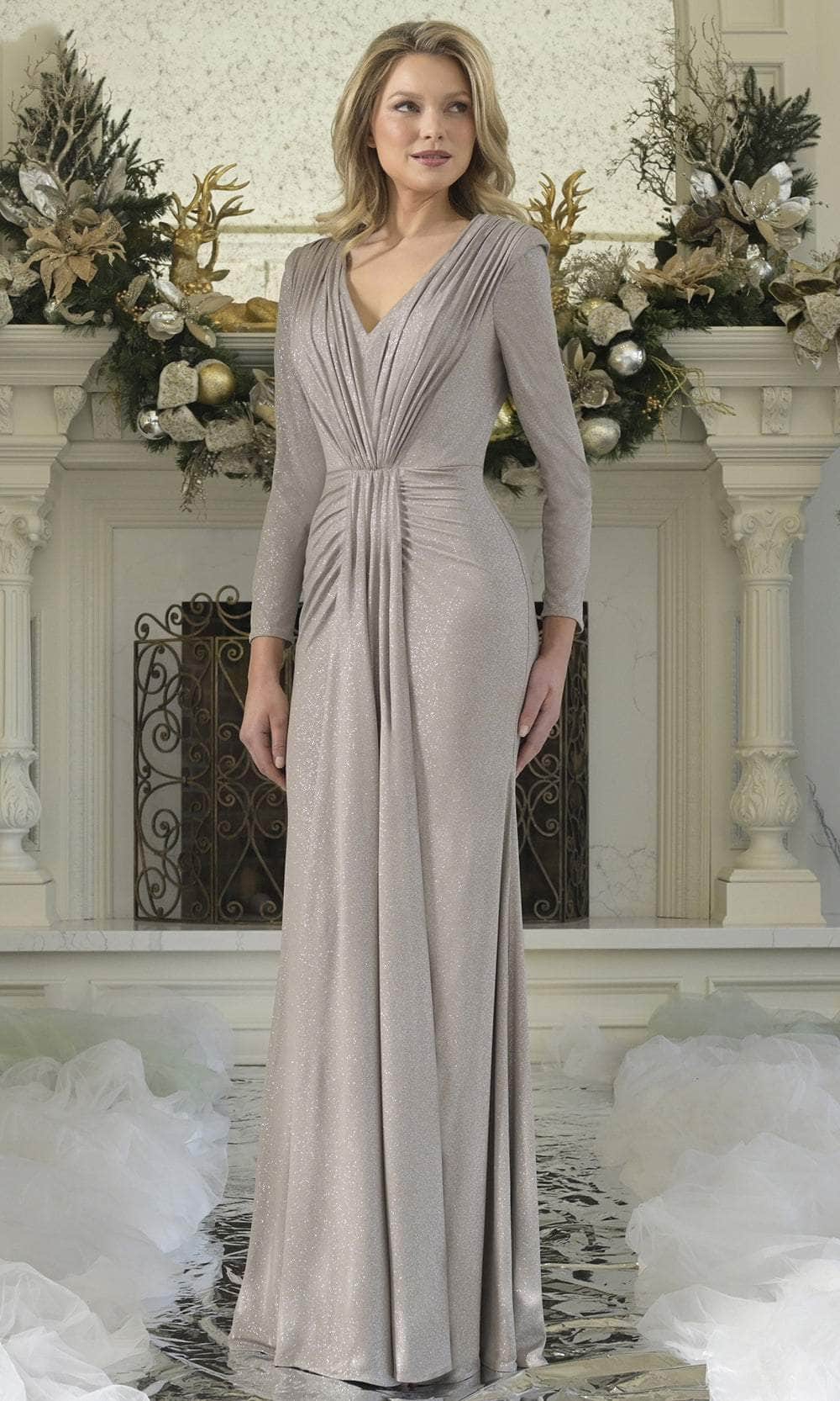 Rina Di Montella RD3348 V-Neck Full-Length Sleeve Ruched Bodice Mother of the Bride Dress Taupe / 4 Rina Di Montella RD3348 V-Neck Full-Length Sleeve Ruched Bodice Mother of the Bride Dress Taupe / 4