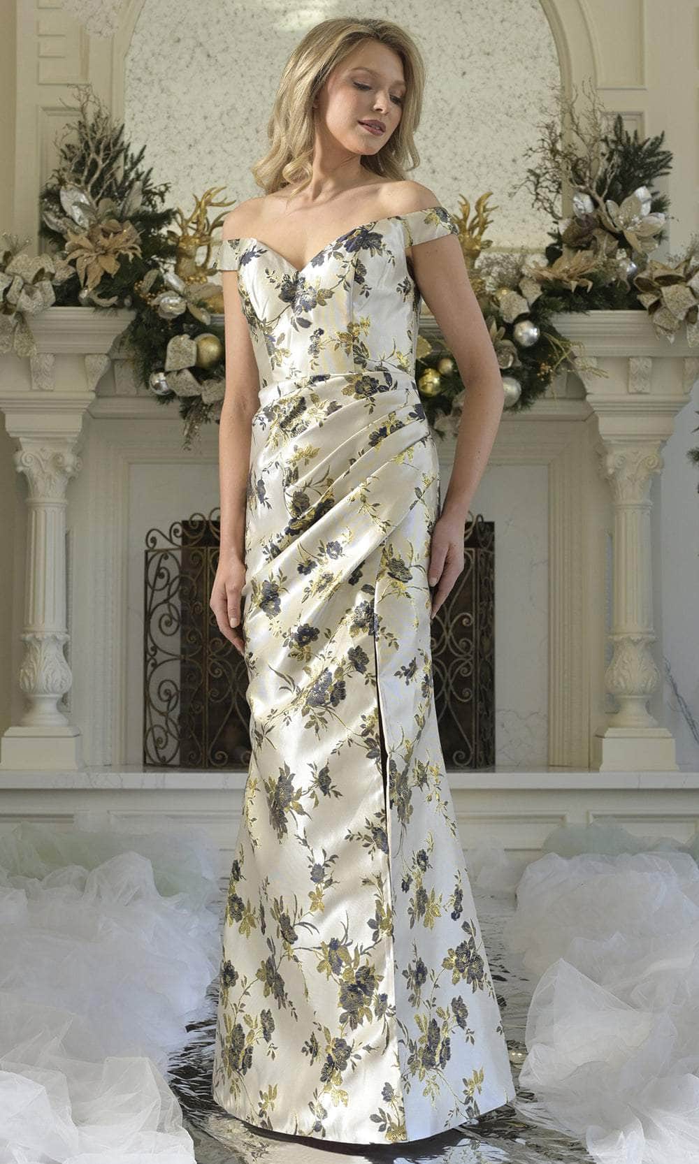 dresses with ruching in waist Rina Di Montella RD3350 Off-the-Shoulder Sweetheart Ruched Waist Mother of the Bride Dress Pink Multi / 16