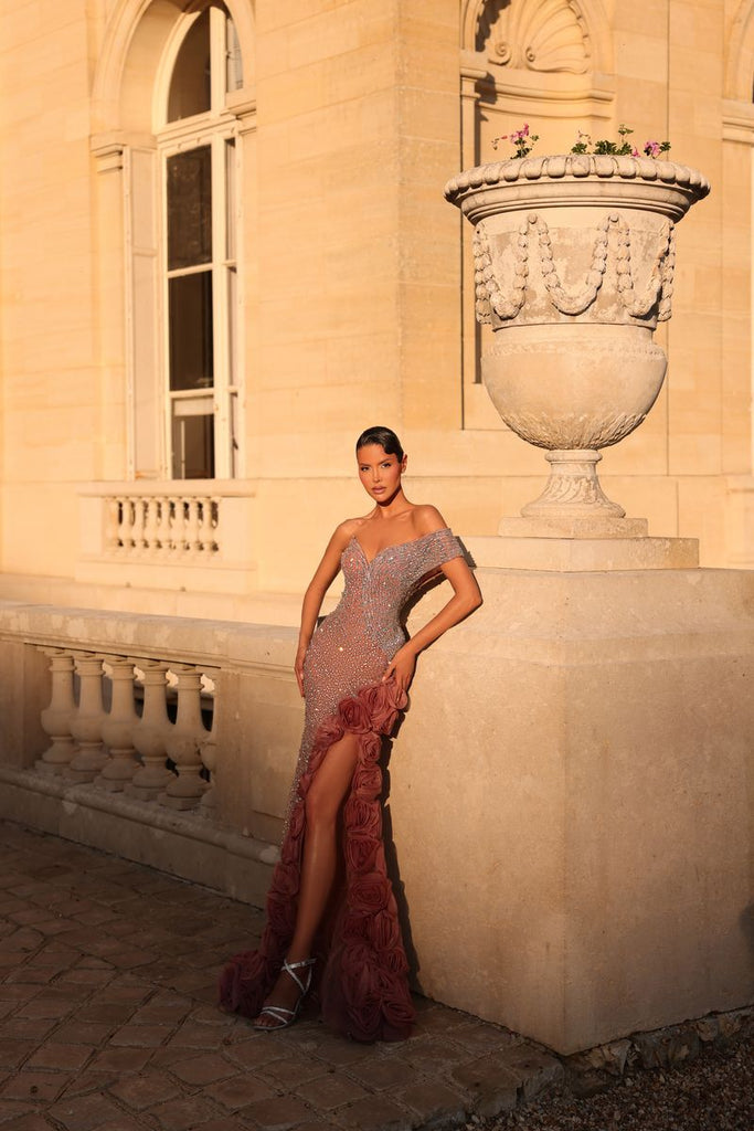 couture formal dresses and gowns Chic & Holland PH120149 Off Shoulder Rosette Slit Dress DUSTY ROSE / 4 9 of the most color:BORA BORA RED back profile Hem/Train Features: Spaghetti Straps