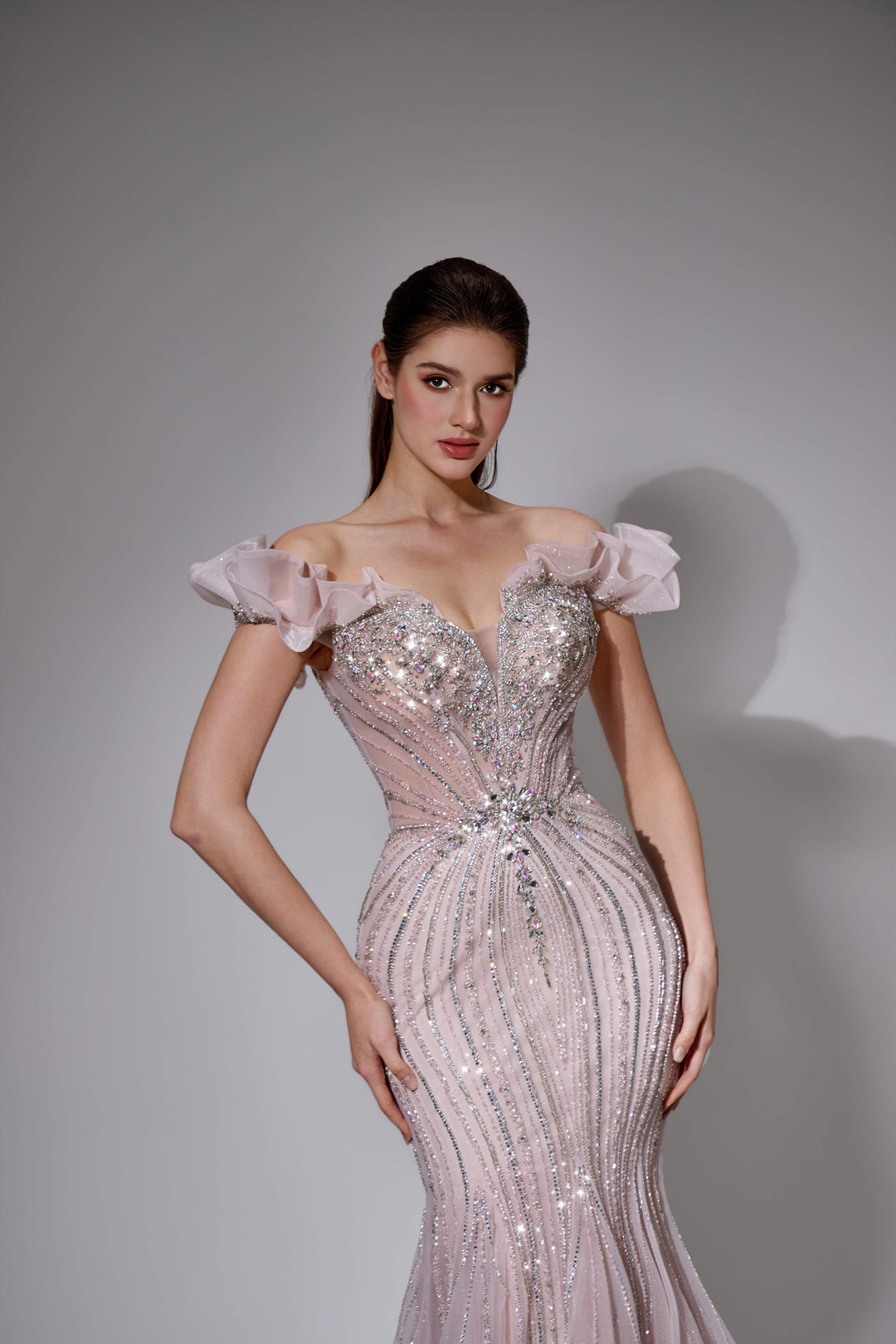 Delilah SH11602 Off-the-Shoulder Ruffle Plunging Corset Mermaid Gown - Pink close-up view