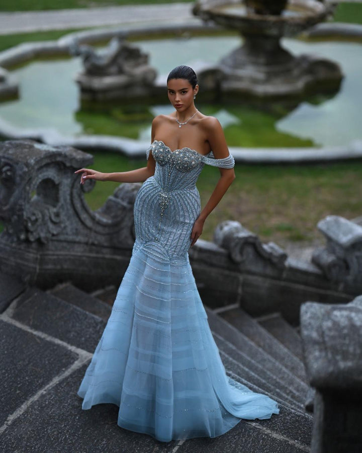Delilah SH12043 Off-the-Shoulder Crystal Cup Corset Mermaid Gown with Tiered Hem - Blue front view