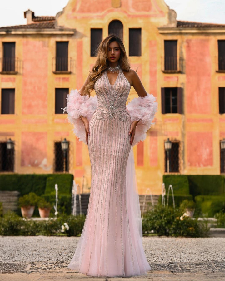 Delilah SH12045 Beaded Halter Plunging Mermaid Gown with Ruffled Arm Puffs and Overskirt - Pink front view