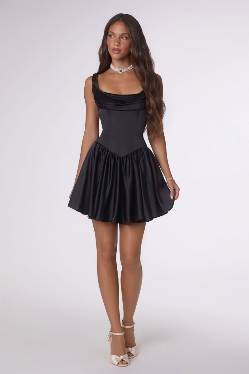 Amoris T735 Draped Neckline Sleeveless Corset Homecoming Dress Black / XXS