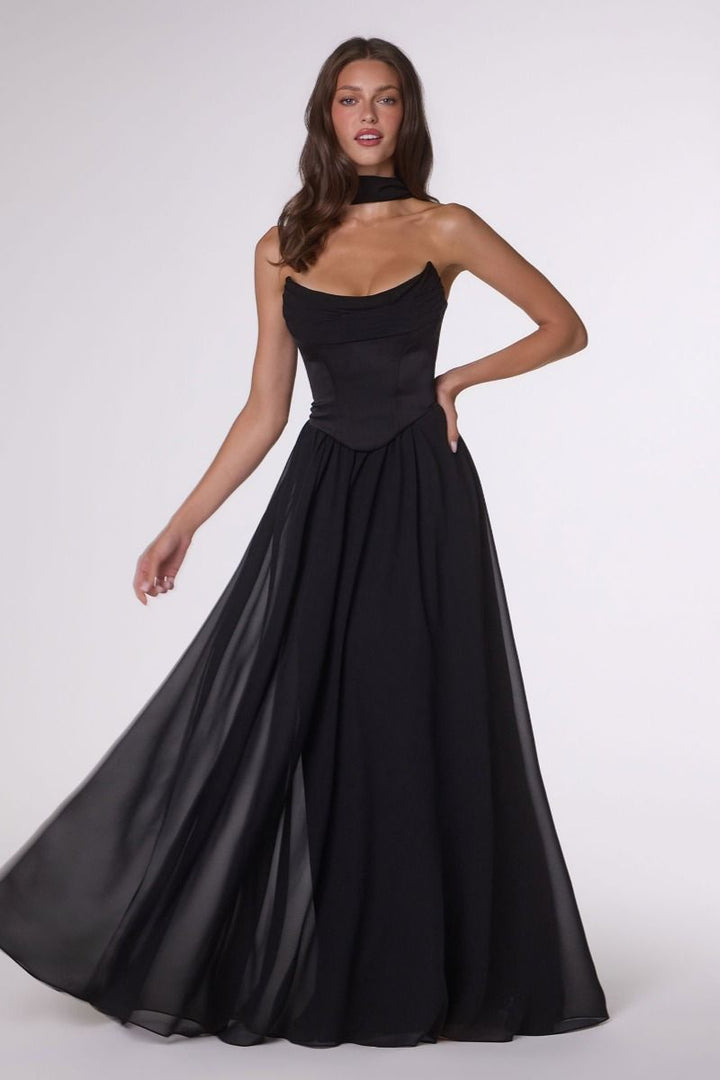 Amoris T741 Draped Chiffon Sleeveless Structured A-Line Dress