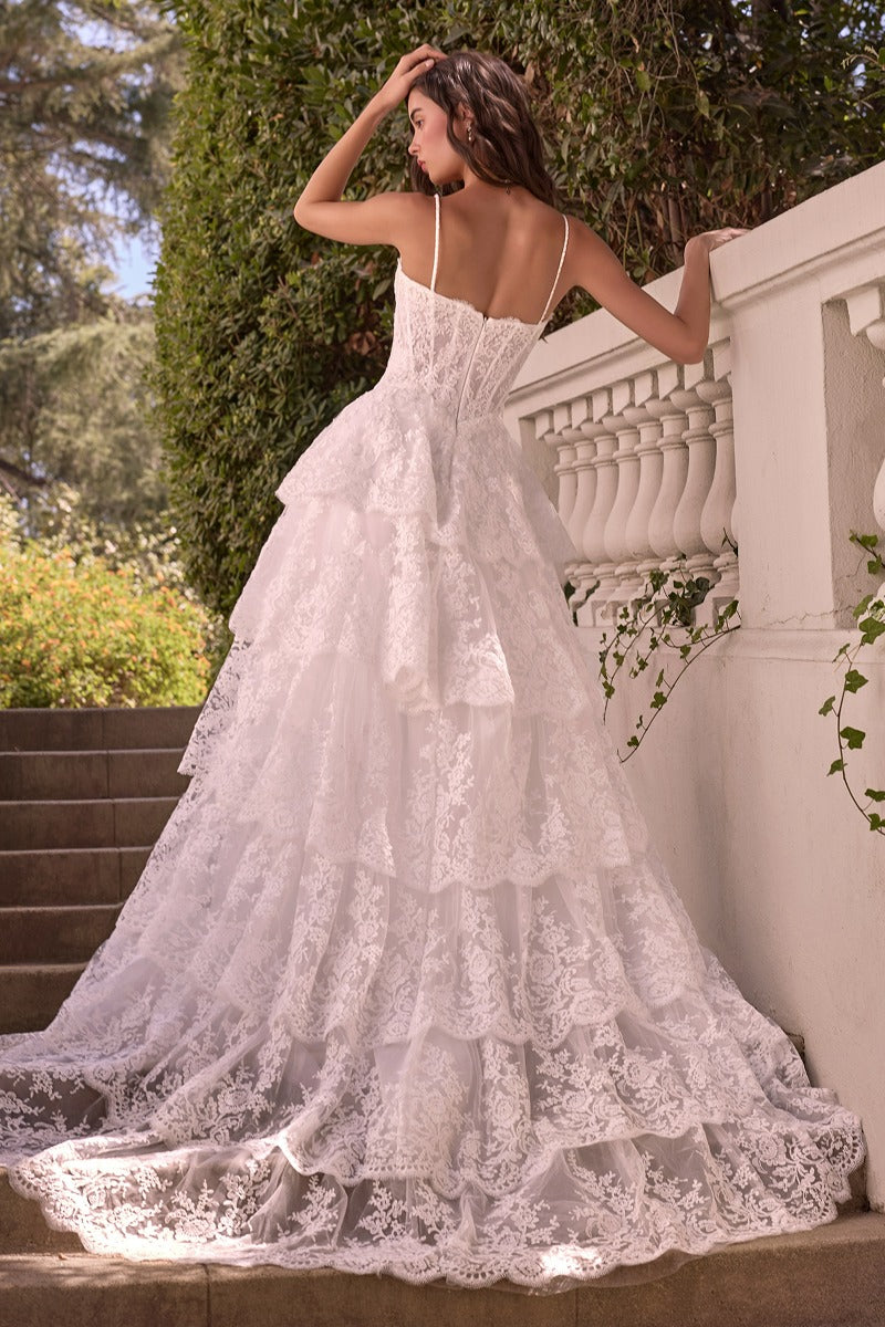 Andrea & Leo Couture WL076 tiered lace skirt and train, back view