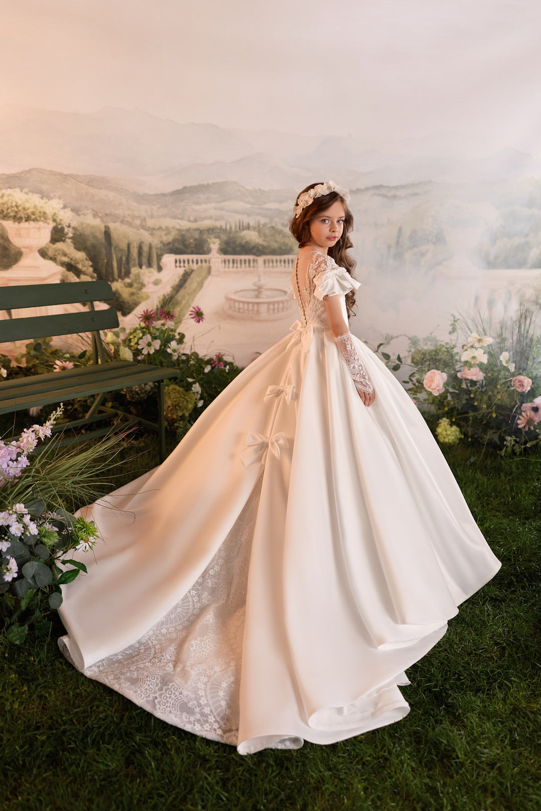Pentelei 3907 Beaded Puff Sleeve Bow Kids Ball Gown