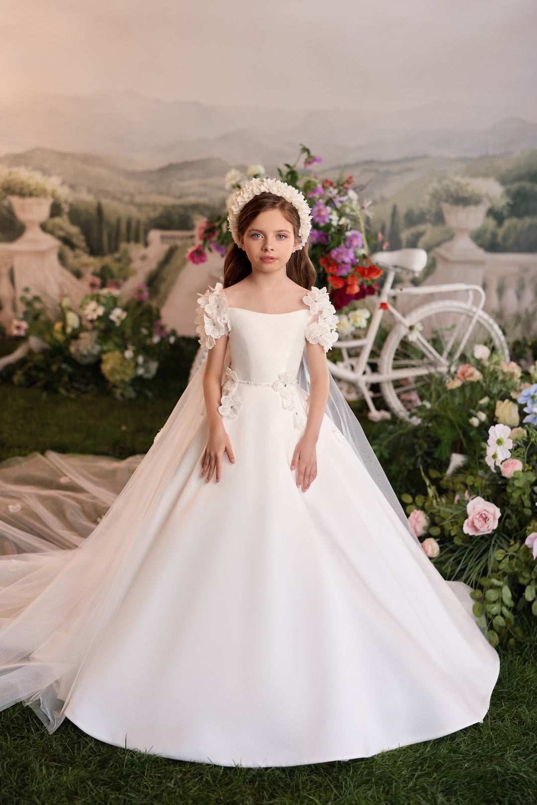 Pentelei 3909 Floral Shoulder Cluster – Ivory Kids Ball Gown Communion Dress