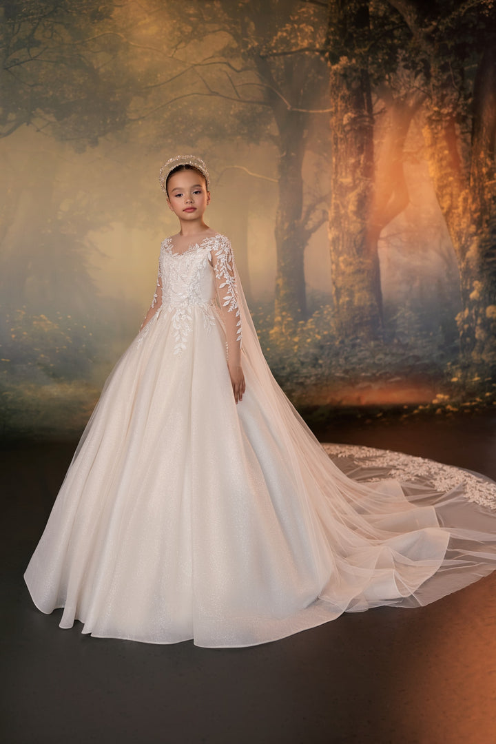 Pentelei 3910 Beaded Lace Cape Kids Ball Gown