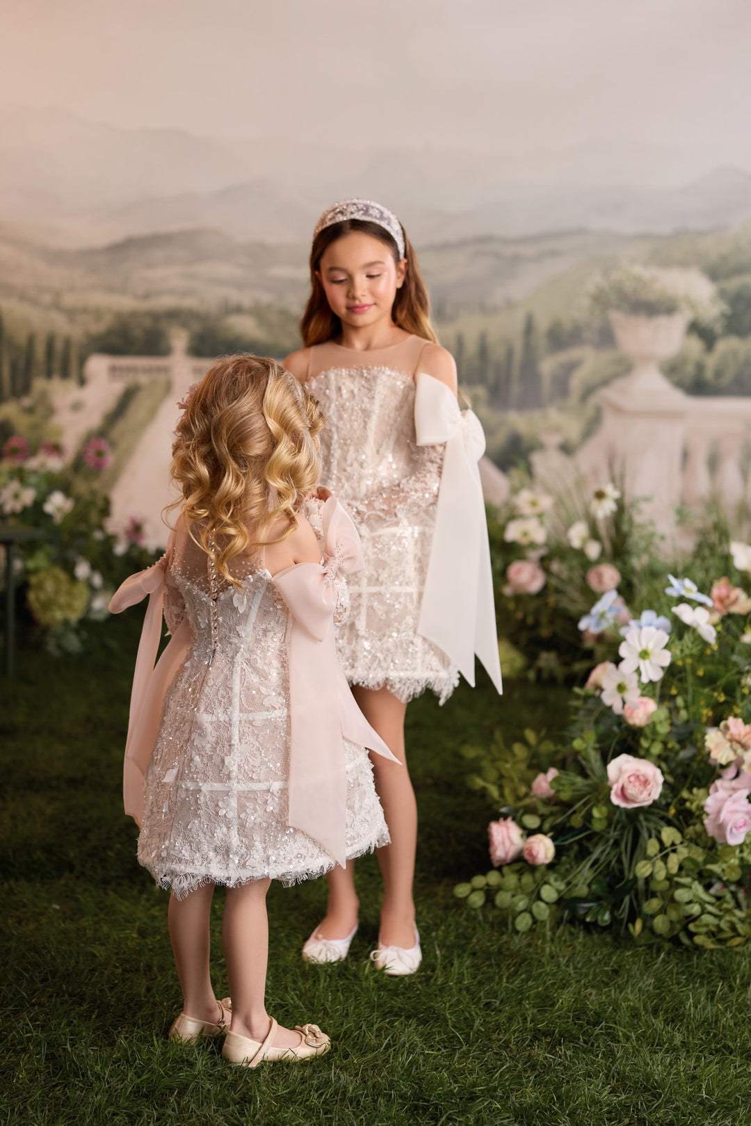 Pentelei 3920 Sequined Lace Bow Sleeve – Ivory Kids Party Mini Dress