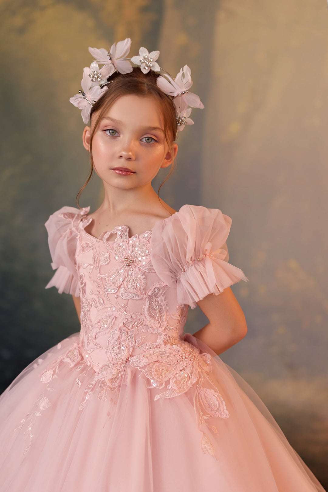 Pentelei 3927 Sequined Floral Puff Sleeve Kids Ball Gown