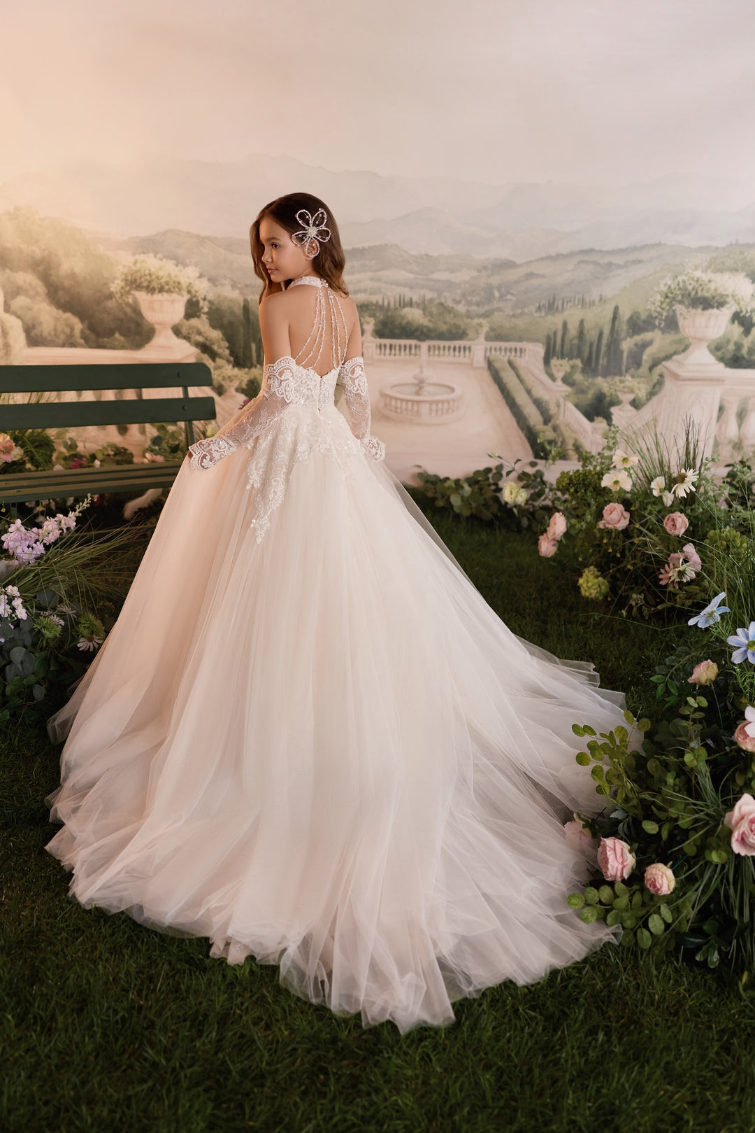 Pentelei 3932 Halter Ball Gown with Pearl Strand Back Kids Dress