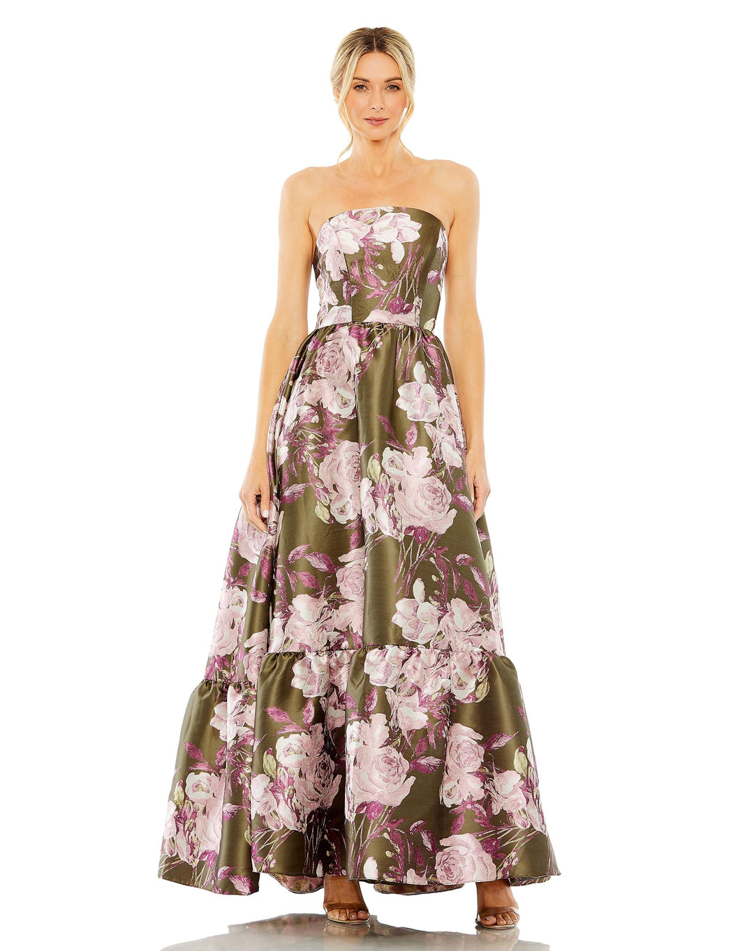 Strapless Bottom Ruffle Floral Gown - FOSTANI